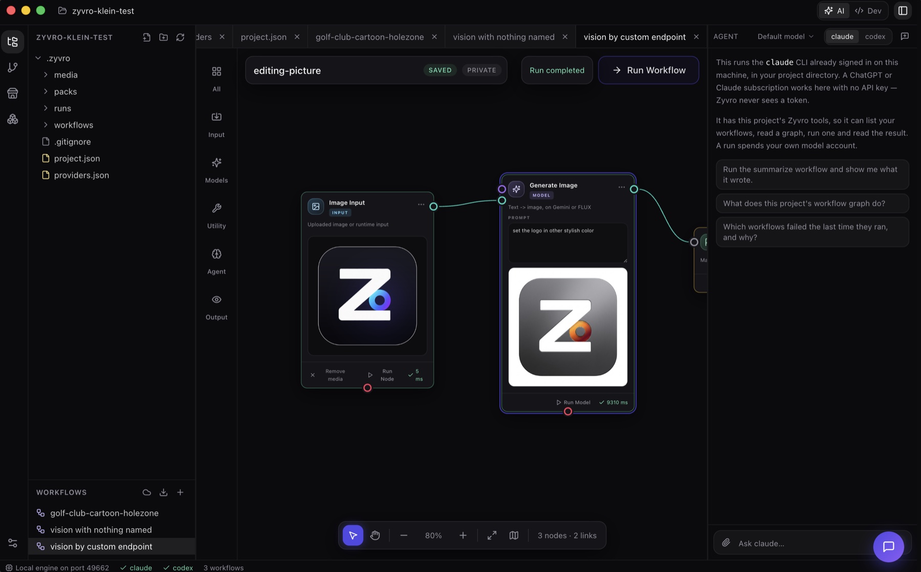 Zyvro Studio: a workflow open on the canvas, the file tree on the left and the agent panel on the right